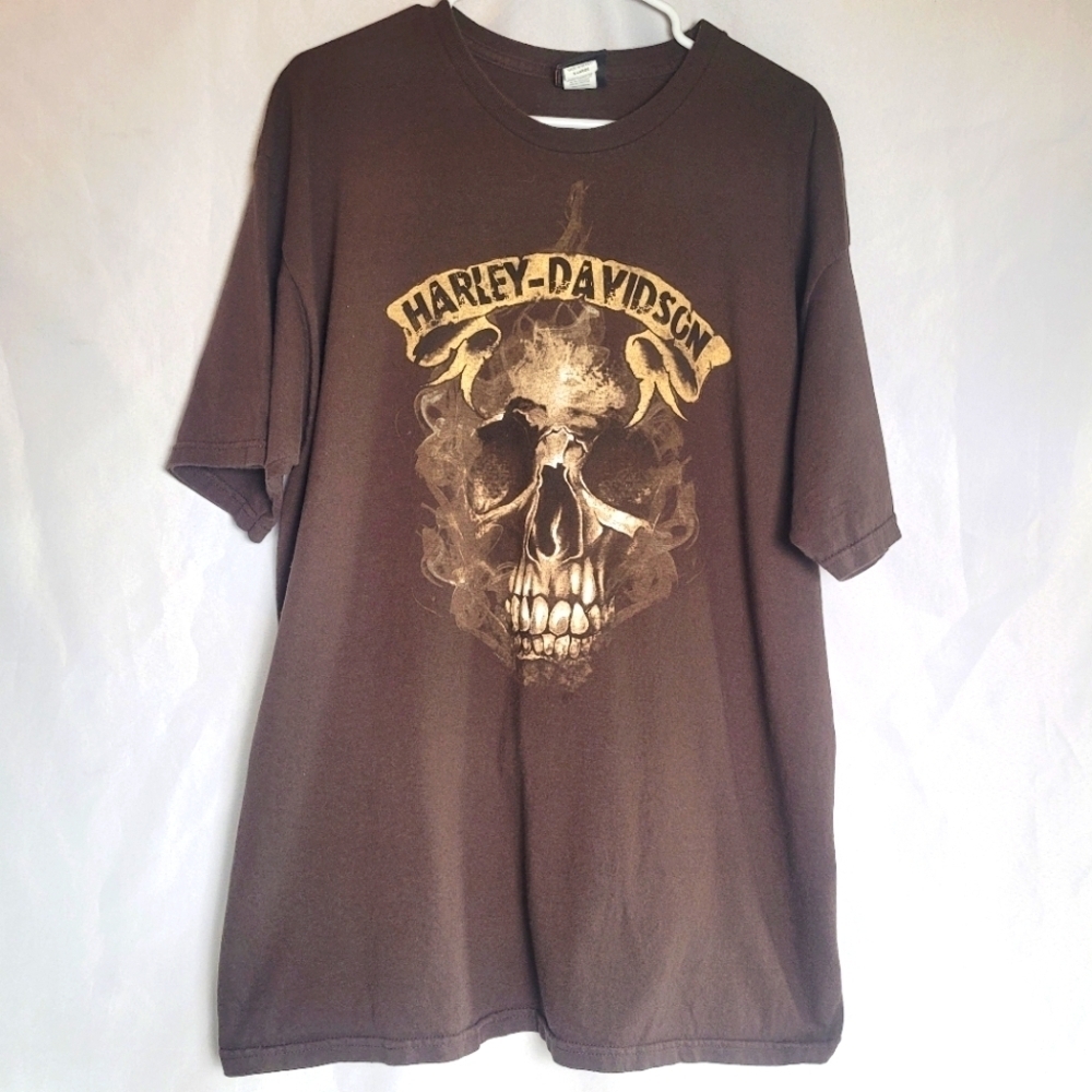 Harley Davidson Skull Flames Biker Motorcycle Brown Tshirt Men's Size XL